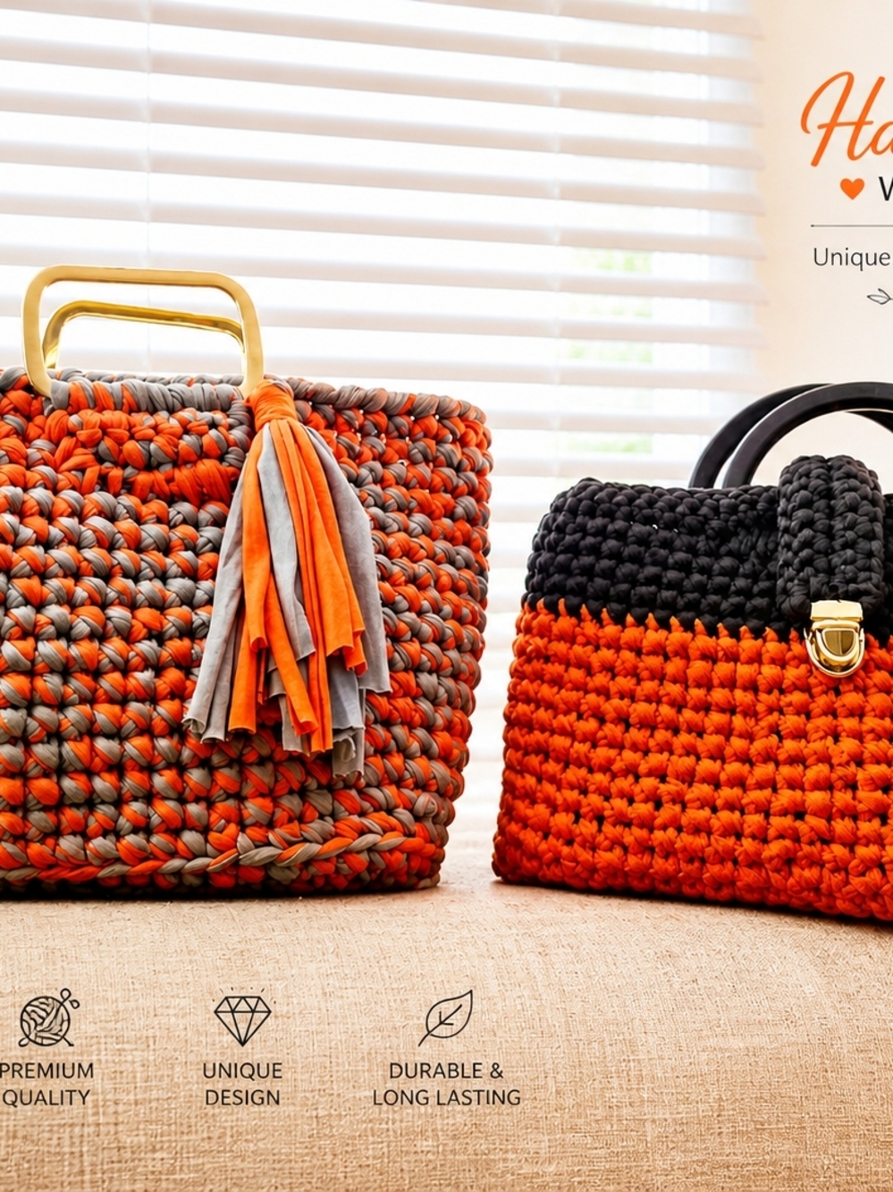 Handwoven Orange and Gray Crochet Tote with Gold Accent